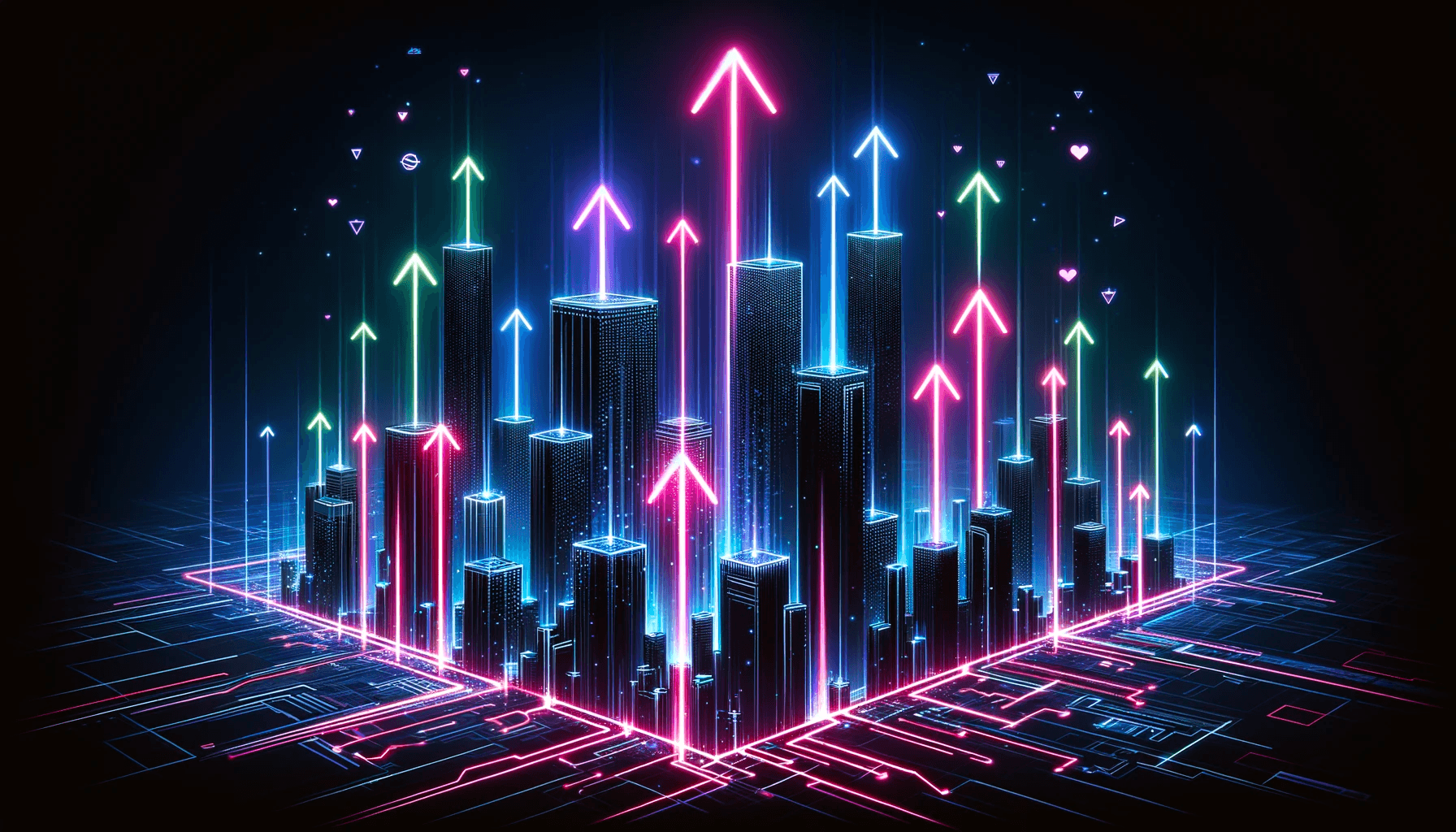 Building and arrows symbolizing enterprise driving growth 
