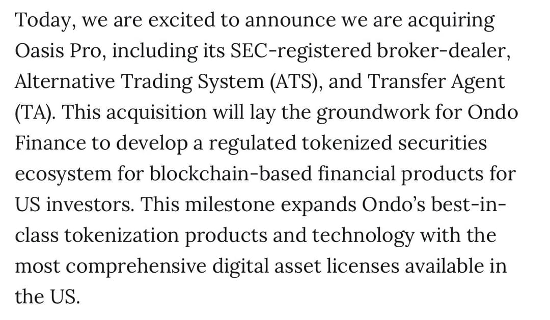 Ondo Finance Buys SEC-Regulated Oasis Pro to Broaden Tokenized Stocks