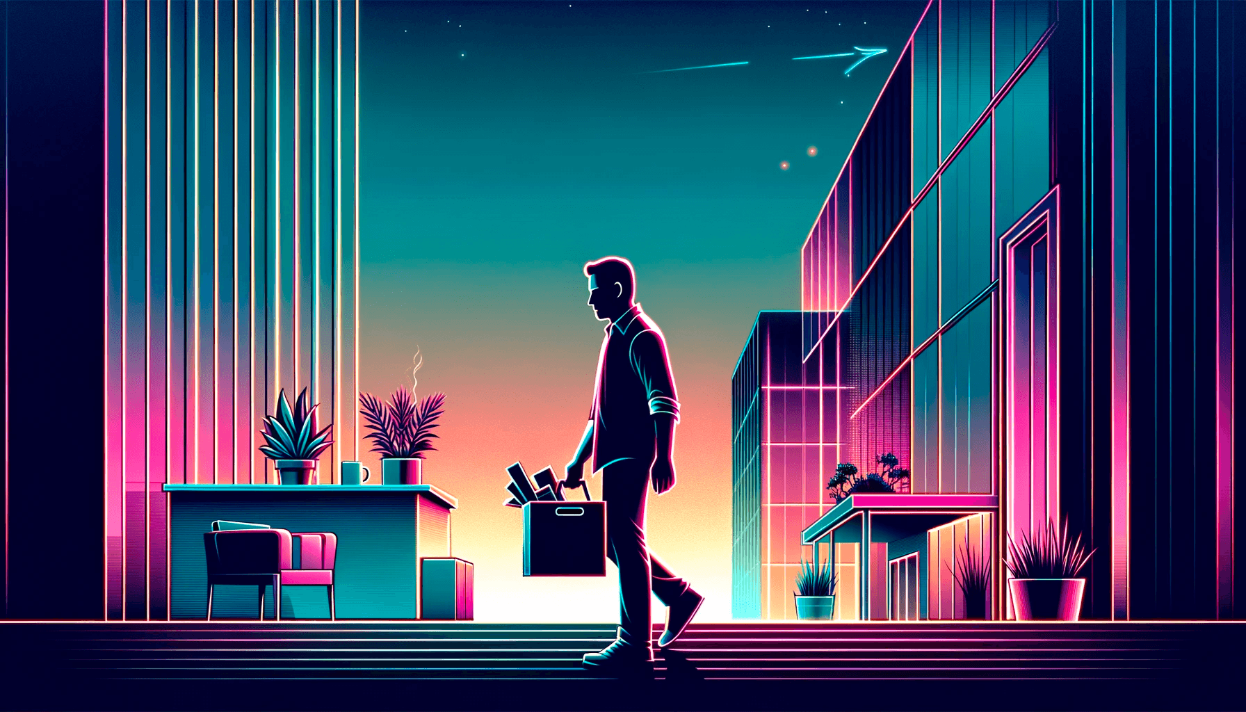 Employee who was just laid off walking out of an office building with a box of his things