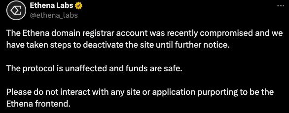 Ethena Labs, Synthetic Dollar Protocol on Ethereum, Deactivates Frontend After Domain Registrar Compromise