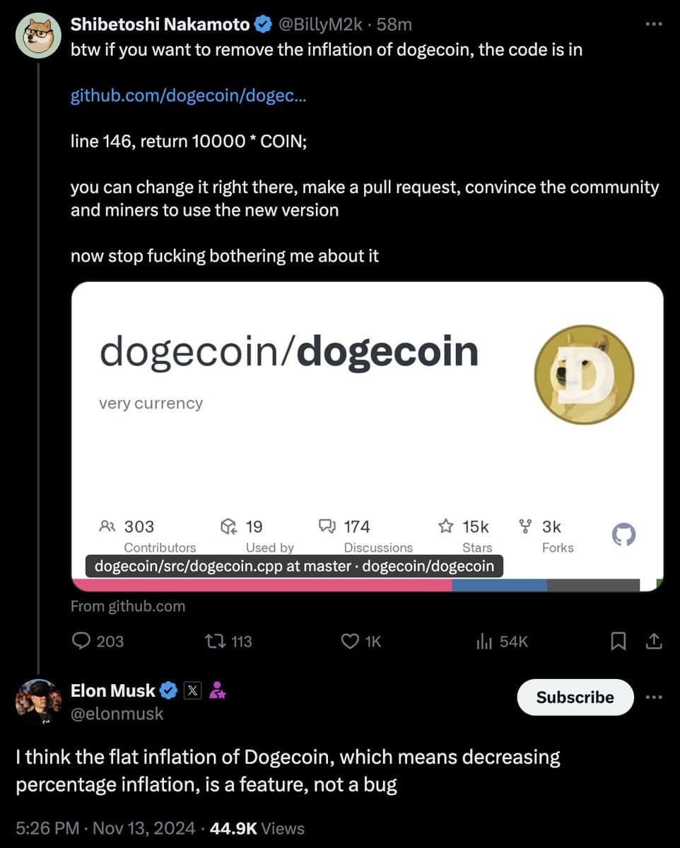Elon Musk Calls Dogecoin's Flat Inflation a Feature, Not a Bug; $DOGE Inflation Decreases