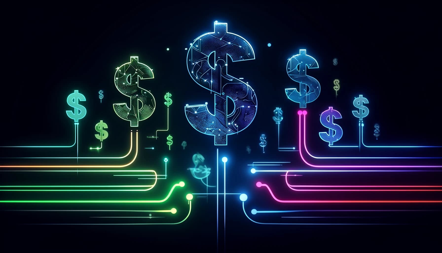 stylized dollar signs and digital arrows, all glowing in vibrant neon colors against a dark background