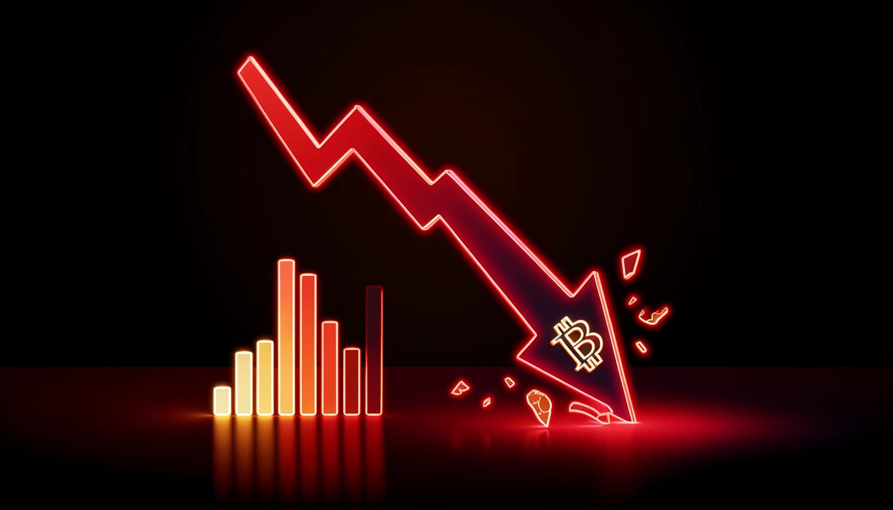downward-trending arrow and breaking bar graphs