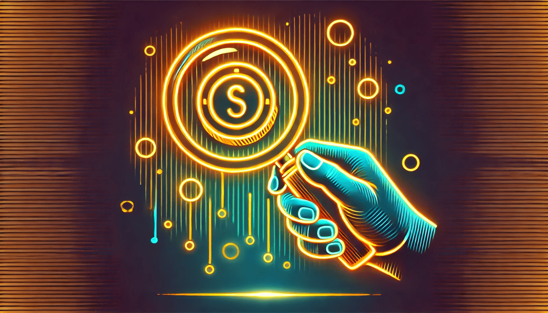  image of a hand holding a magnifying glass inspecting a golden coin