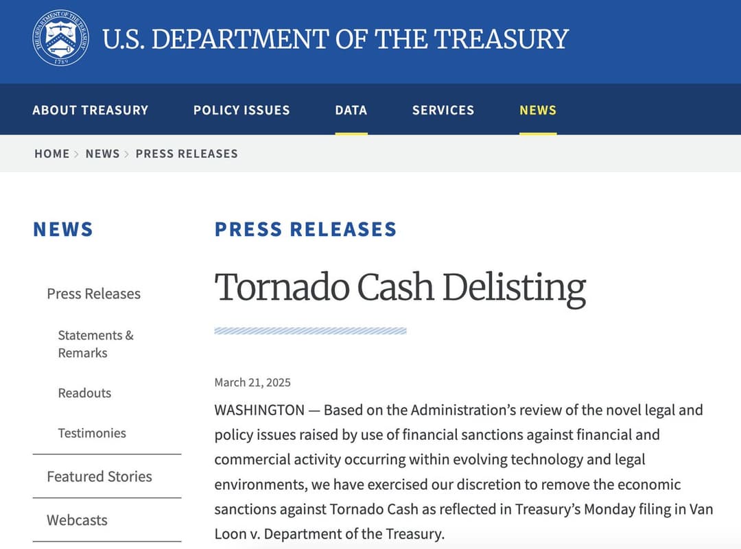 U.S. Treasury Removes Sanctions Against Tornado Cash Cryptocurrency Mixer