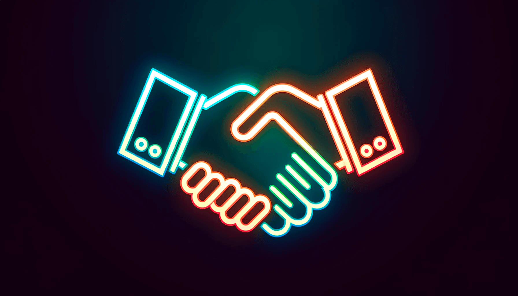 A handshake in a minimalistic, flat style with a cypherpunk aesthetic and neon colors