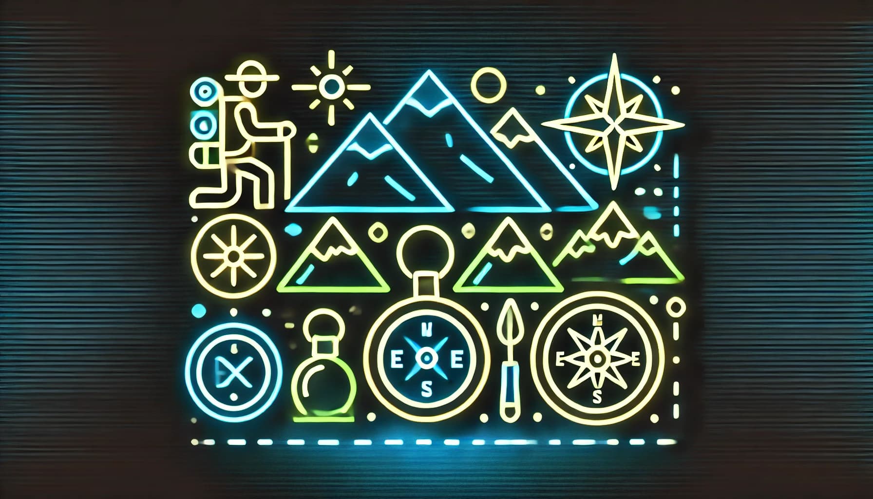 symbols of explorers, mountains, and compasses