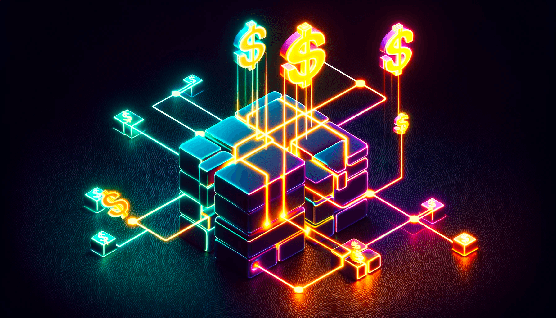 Money being extracted from a blockchain in neon colors.