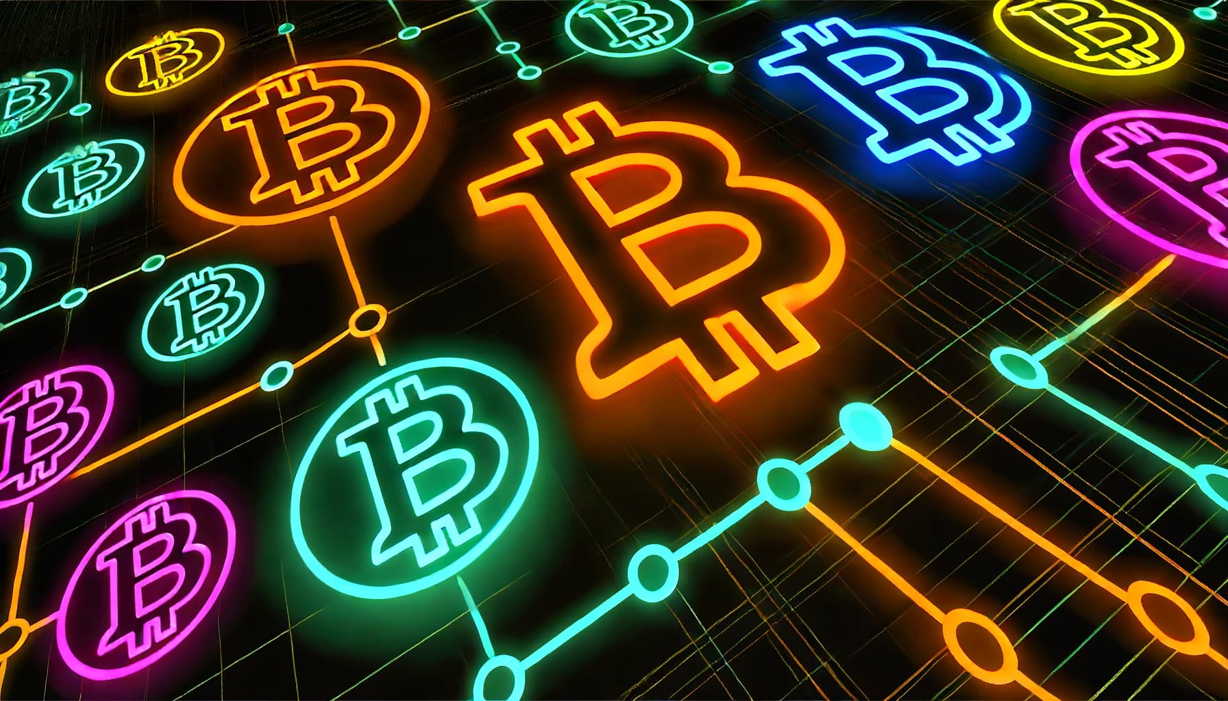 Bitcoin symbols interconnected by digital lines