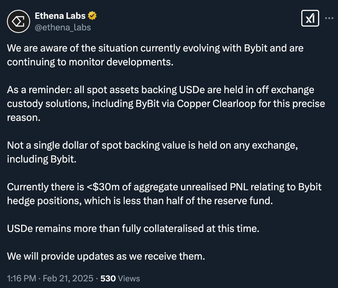 Ethena Labs Addresses $1.2 Billion USDe Exposure to Bybit, Confirms Off-Exchange Custody with Copper Clearloop and Less Than $30 Million at Risk