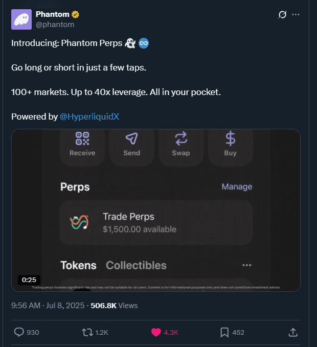 Phantom Wallet Adds Hyperliquid Perps as Exchange Volume Hits $1.6 Trillion