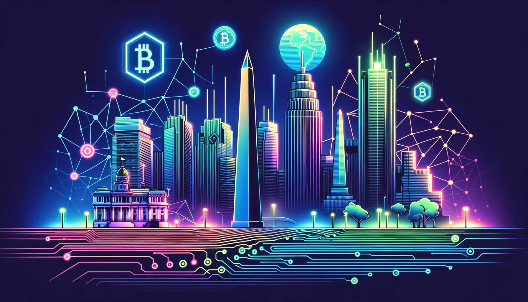 stylized representations of iconic landmarks intertwined with abstract blockchain symbols 
