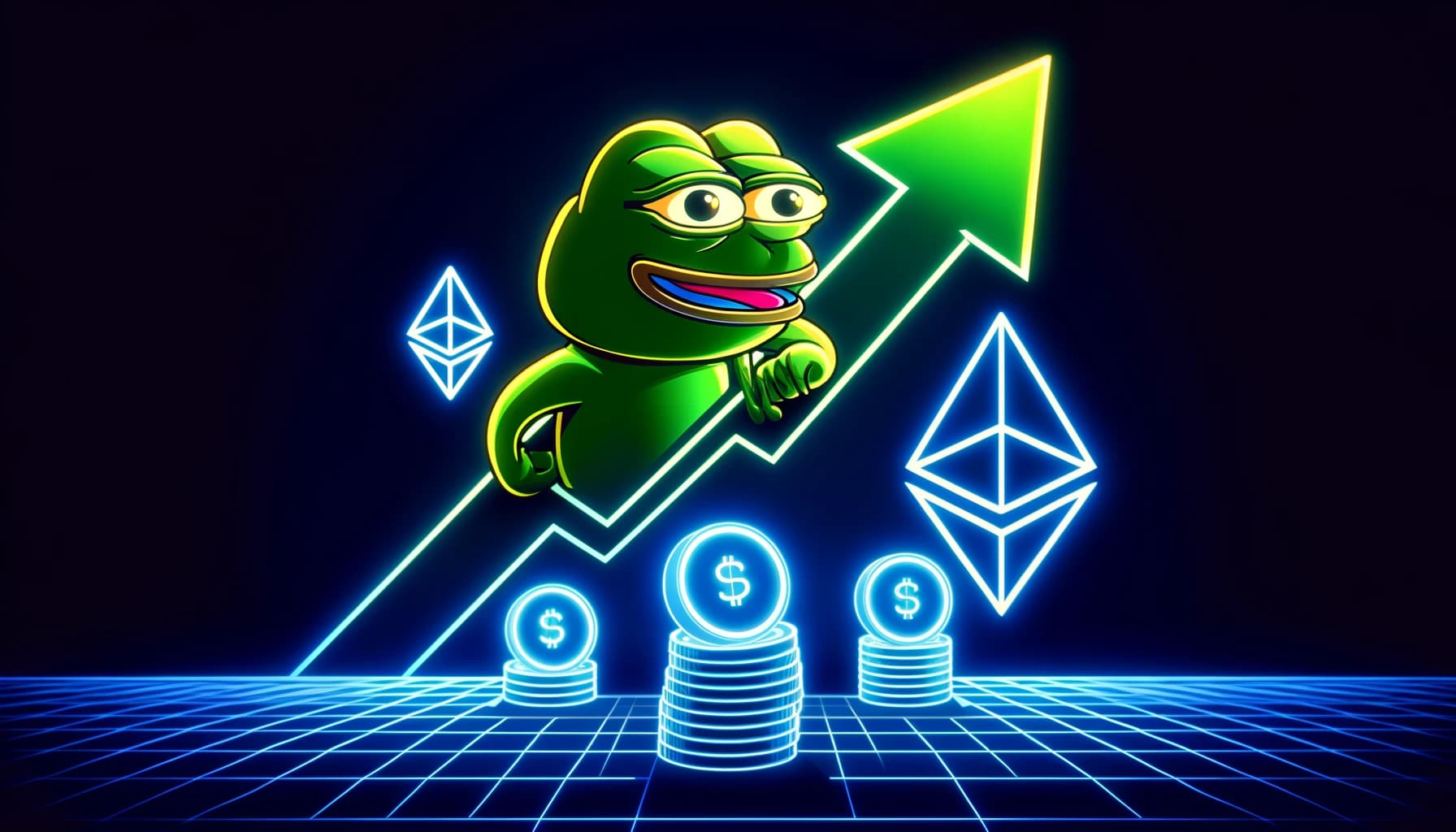 Pepe memecoin soaring with Ethereum in the background