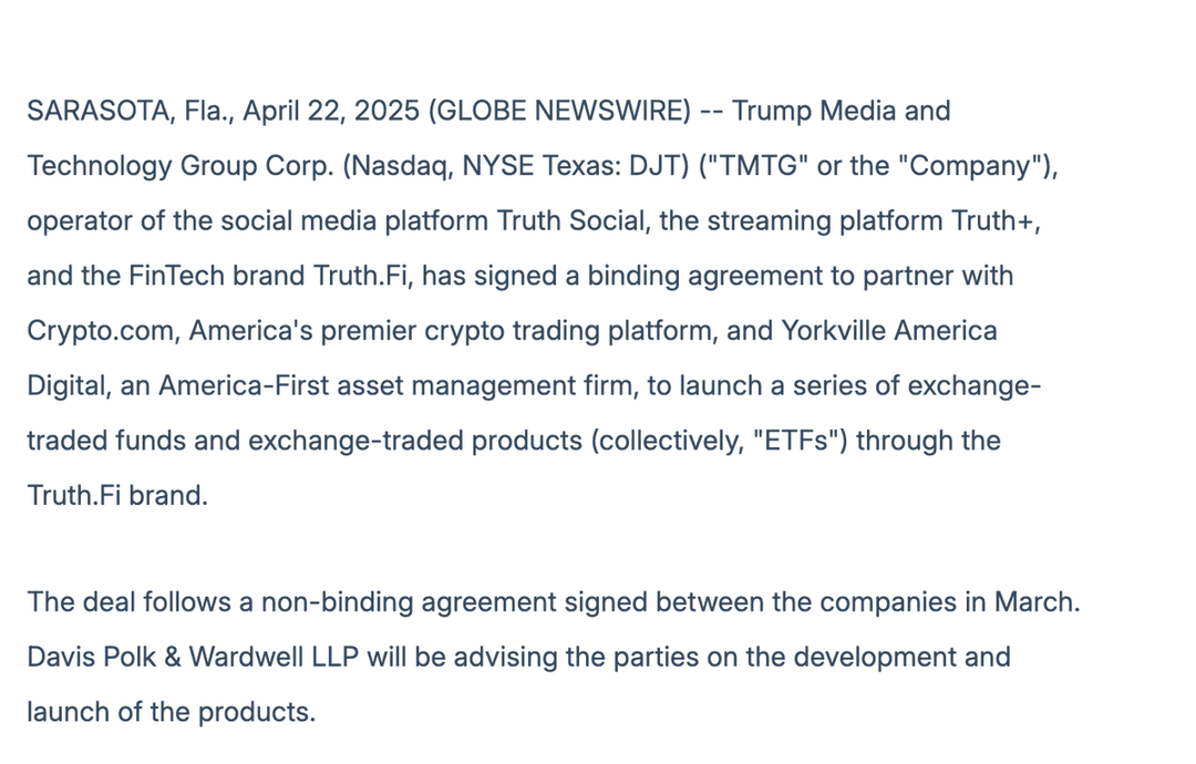 Trump Media Technology Group Partners With Crypto.com and Yorkville America to Launch Cryptocurrency ETF Featuring $CRO