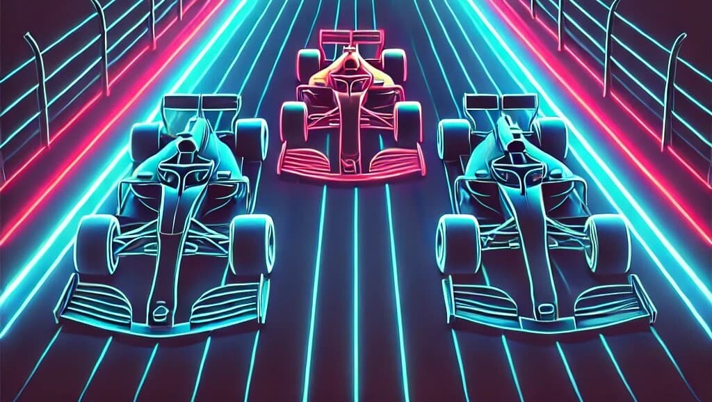 three race cars with neon colors