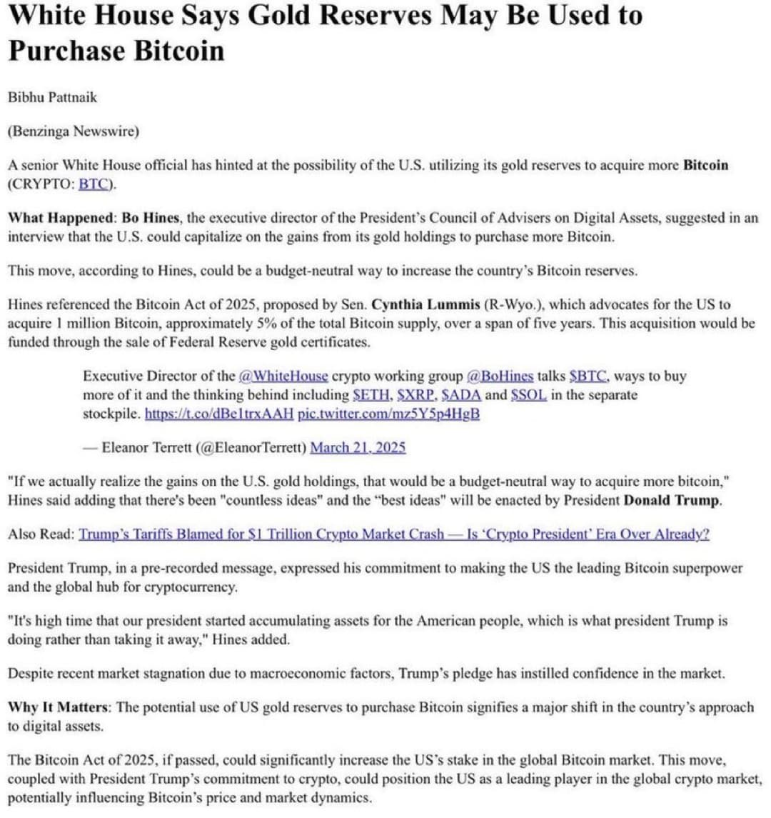 U.S. White House Considers Using Gold Reserves for Strategic Bitcoin Reserve Under Trump Administration