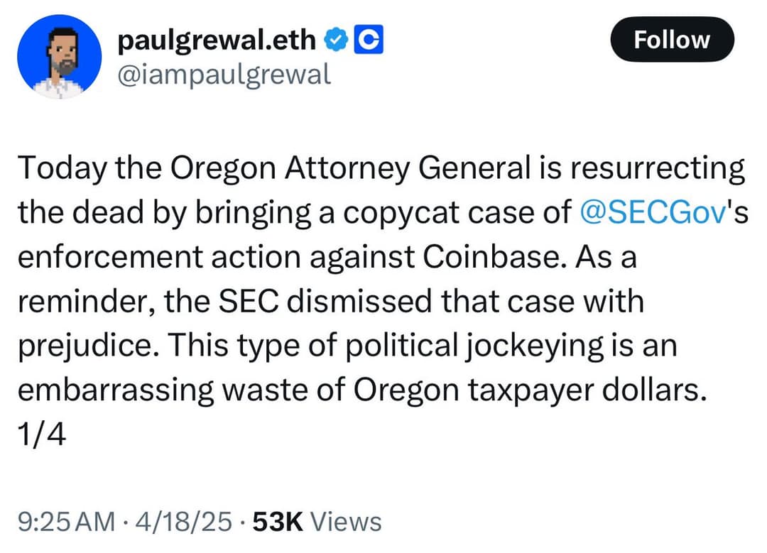 Oregon Attorney General Dan Rayfield Plans Lawsuit Against Coinbase Over Unregistered Securities Exchange Charges