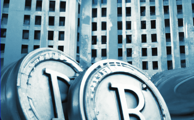 Federal Reserve building in background with coins in forefront 