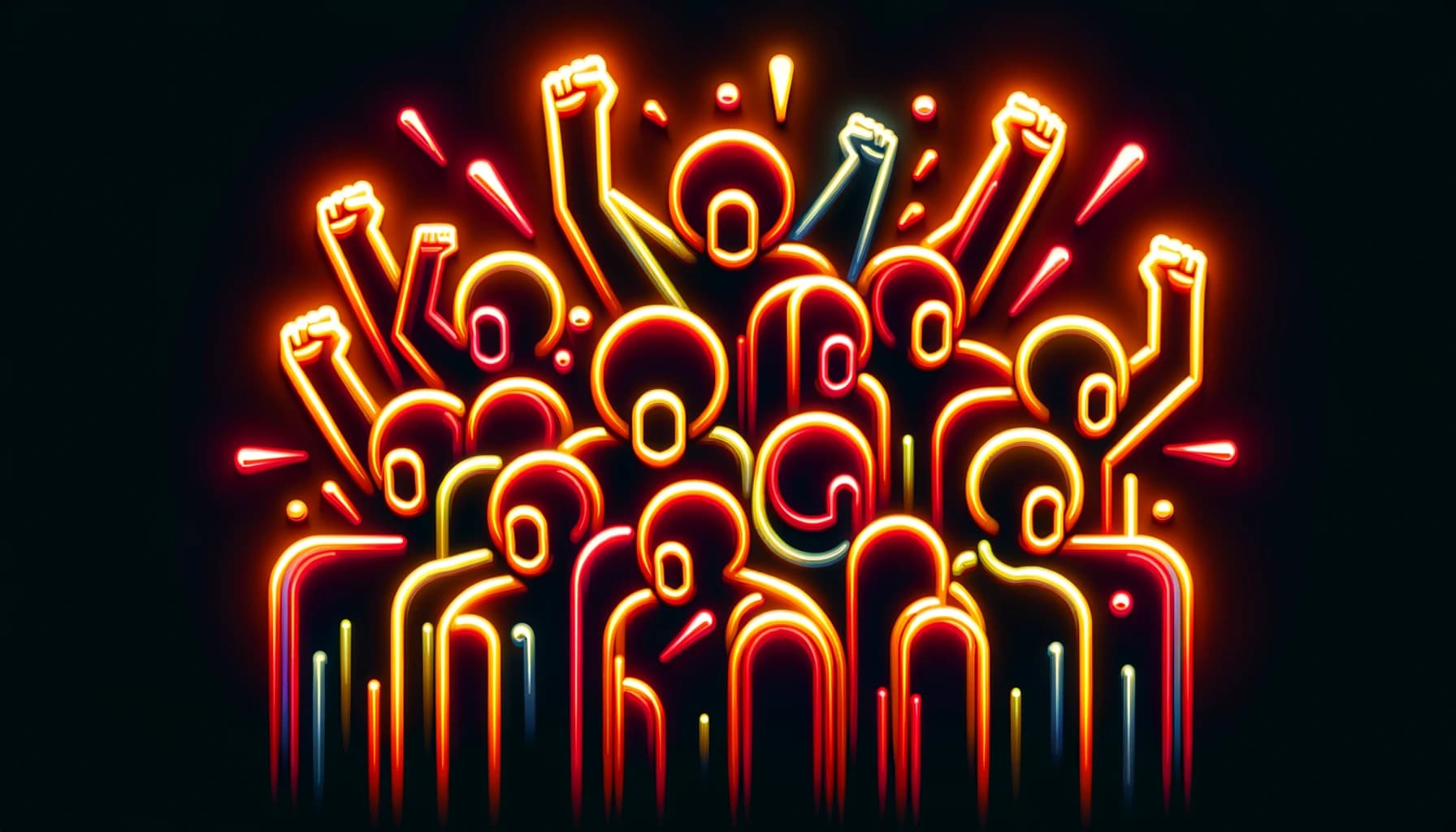 abstract figures with expressive gestures, glowing in vibrant neon colors