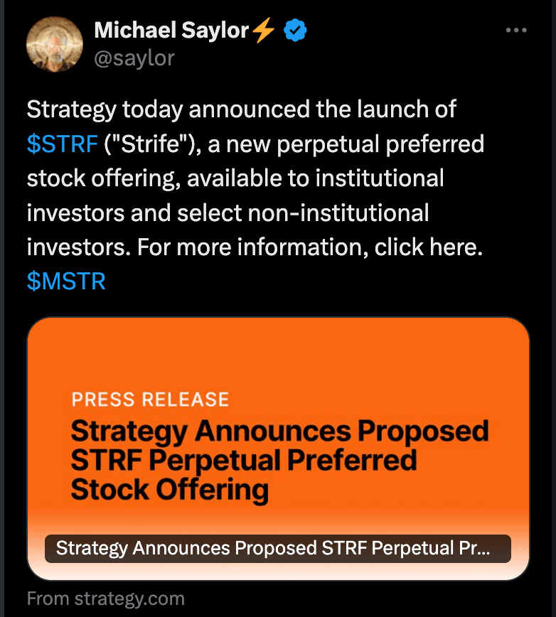 Michael Saylor's Strategy to Raise $500M via Series A Perpetual Strife Stock with 10% Dividend for Bitcoin