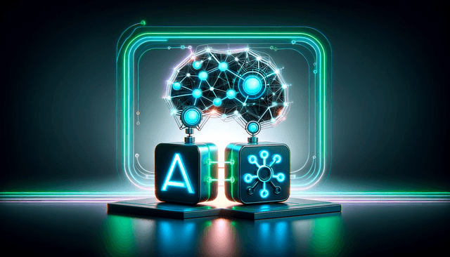 Image depicting the merger between AI and blockchain technologies in a minimalistic style with neon colors