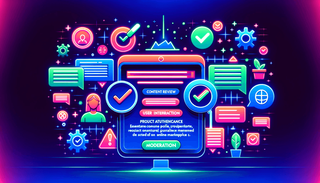 mage depicting the concept of moderation policy in an online marketplace with a minimalistic and futuristic style
