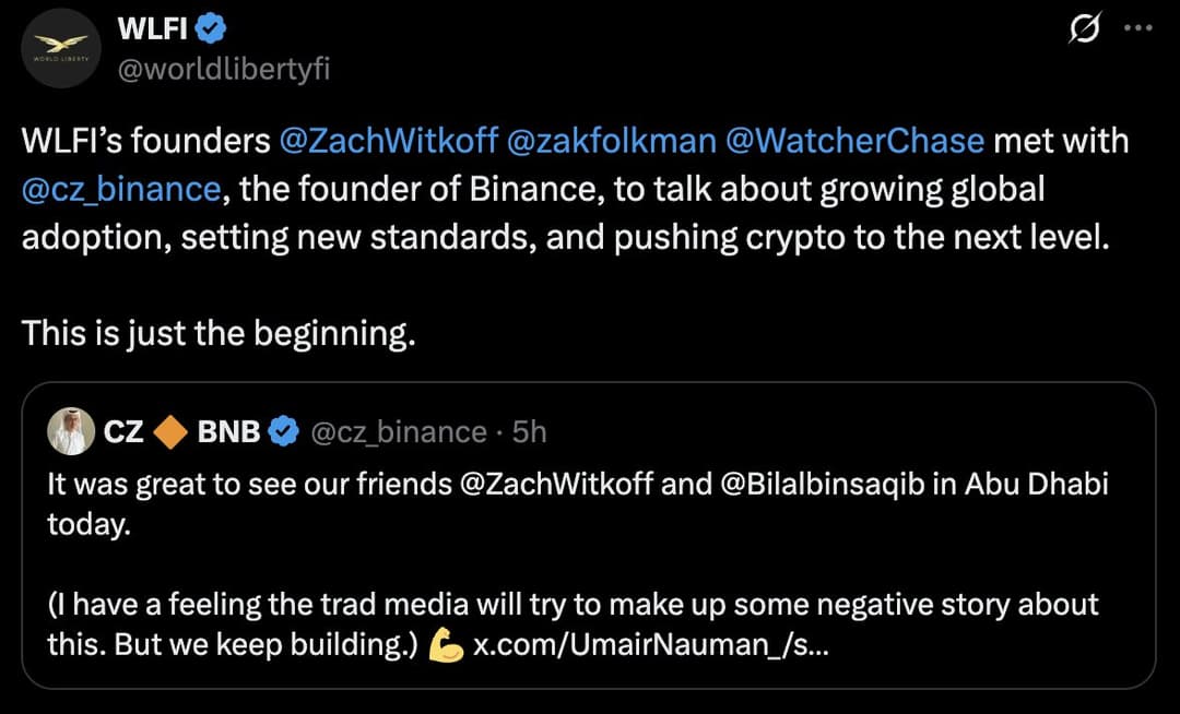 WLFI Founders Meet Binance CEO CZ in Abu Dhabi to Discuss Global Crypto Adoption, $25M DWF Labs Investment, and New Partnerships