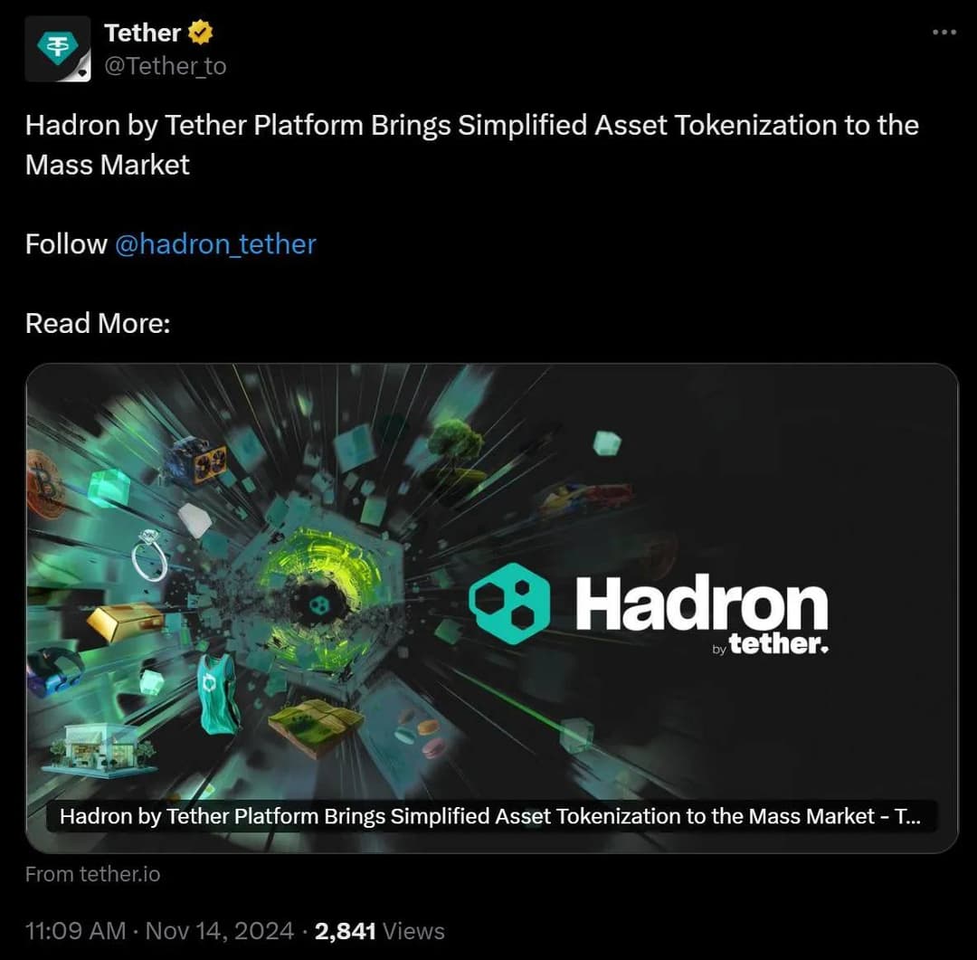Tether Launches Hadron Platform as a Service to Simplify Asset Tokenization