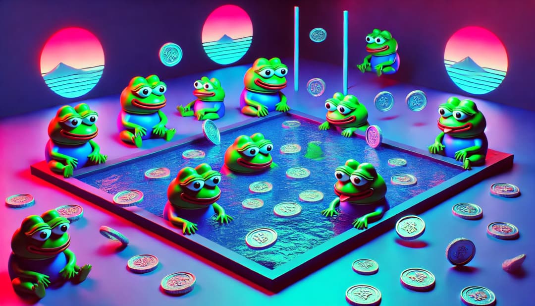Pepe frogs and coins in a pond, created in a minimalistic style with neon colors