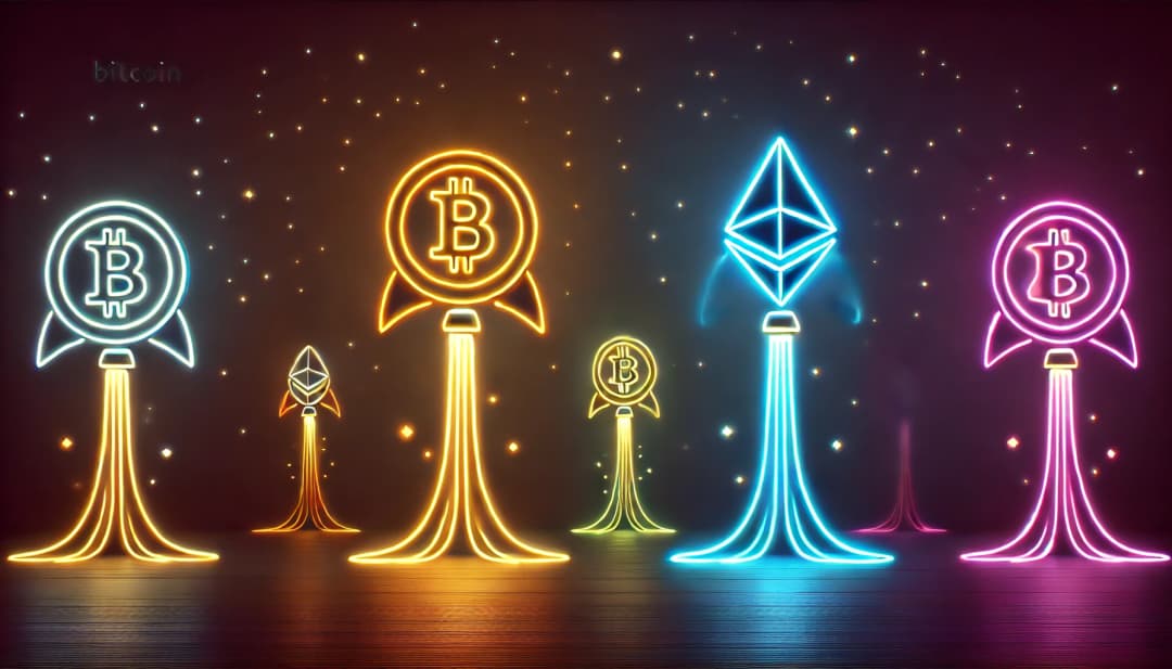 rockets with bitcoin and eth symbols