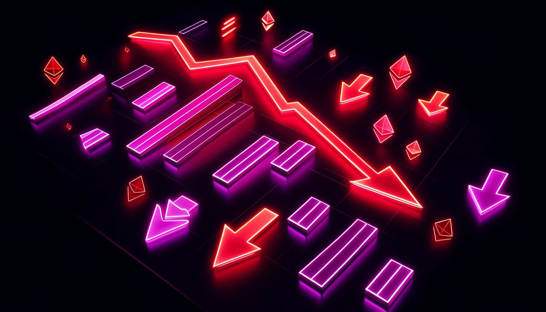 downward-trending arrows and falling bar graphs