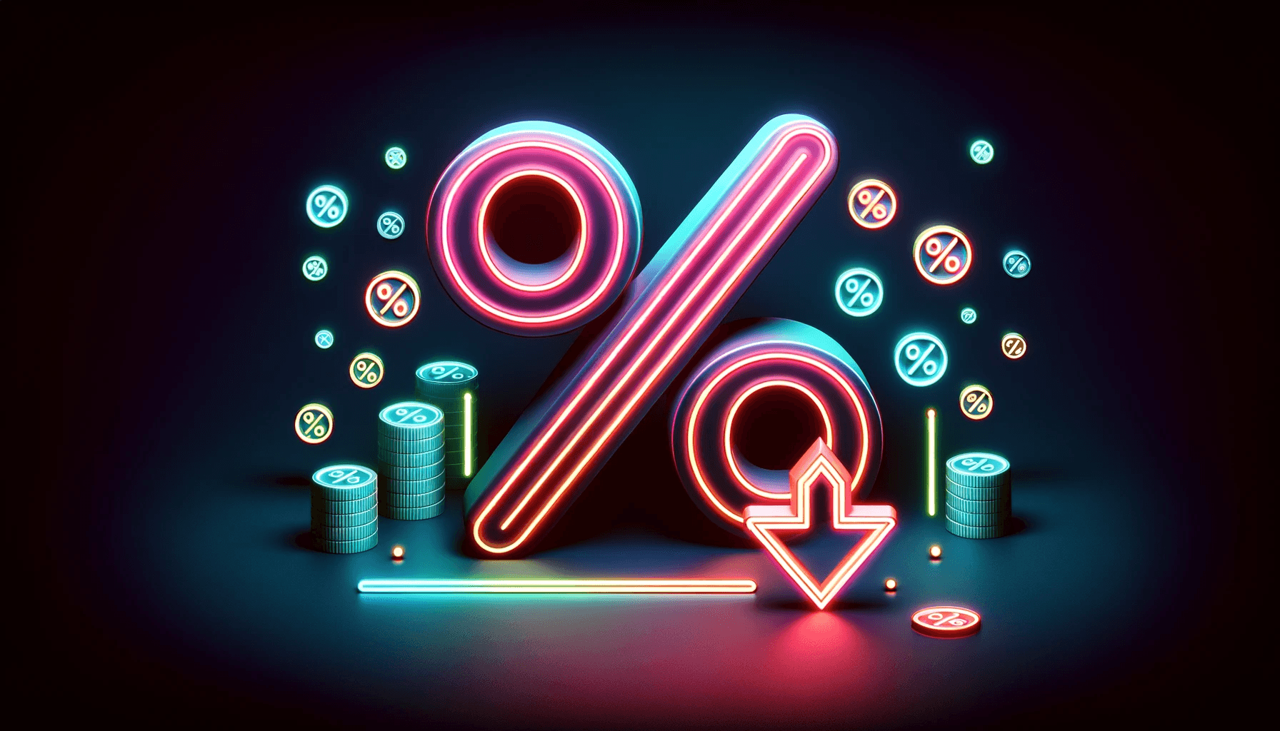  percentage symbol and downward arrow with a backdrop of coins, all styled in neon colors and a minimalistic design