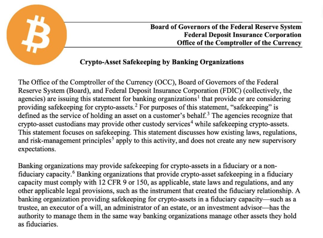 Fed, FDIC and OCC Clarify Banks May Hold Crypto Under Strict Rules