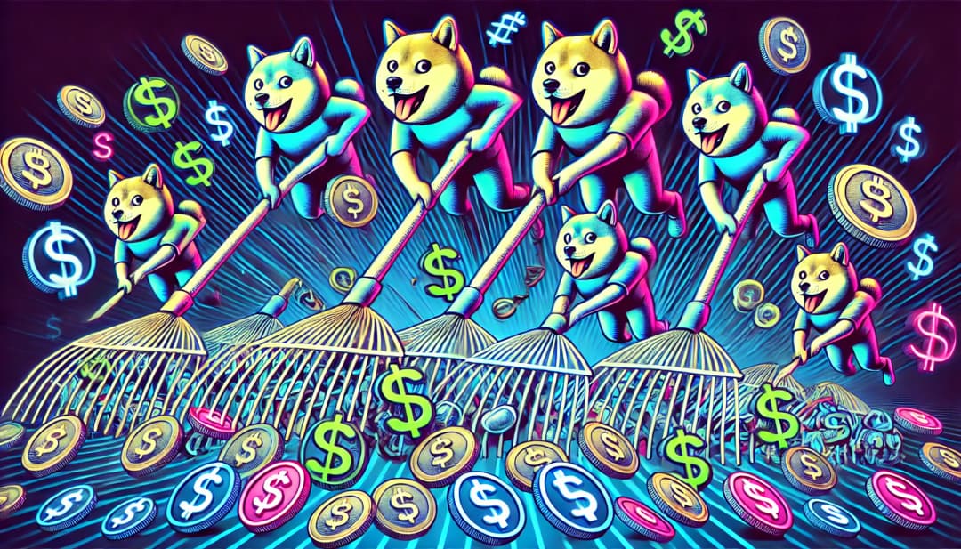 dogs with exaggerated rakes pulling in symbols of coins and dollar signs