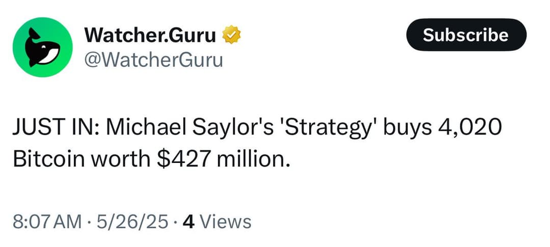 Saylor’s Strategy Buys 4,020 Bitcoin for $427 Million, Holdings Climb to 580,250 BTC