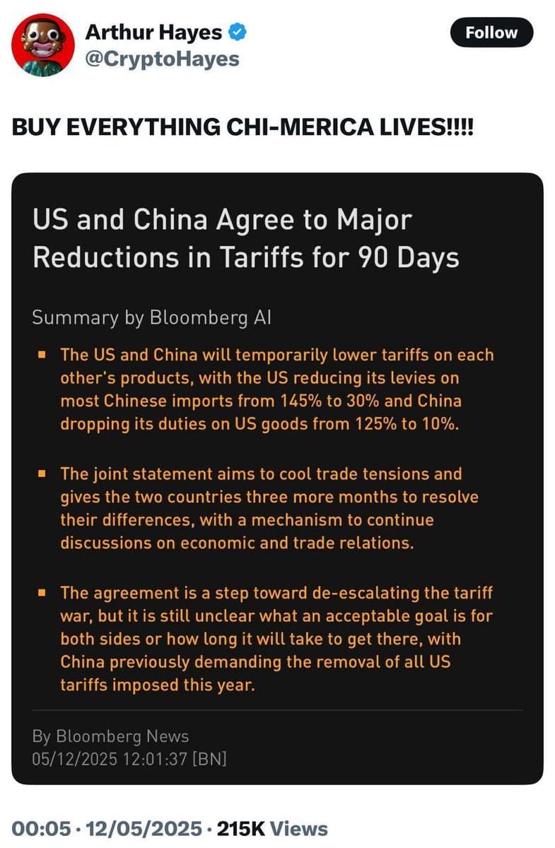 Arthur Hayes Urges Investors to Buy Everything as US-China Trade War Eases and Bitcoin Surpasses $104,000