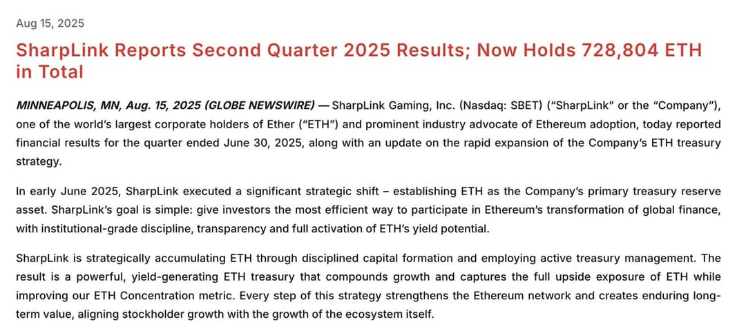 SharpLink Raises $400 Million as Ethereum Treasury Swells to $3.3 Billion