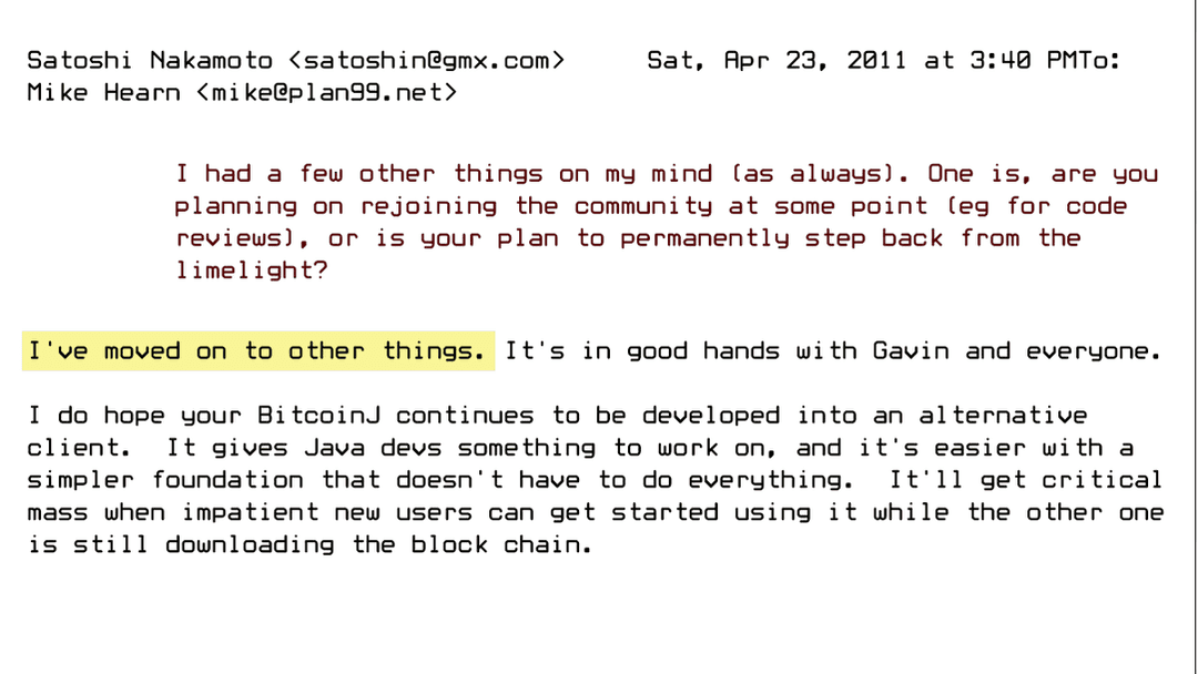 Bitcoin Creator Satoshi Nakamoto Sent Final Email to Mike Hearn on April 23, 2011, Leaving Project in Good Hands with Gavin Andresen