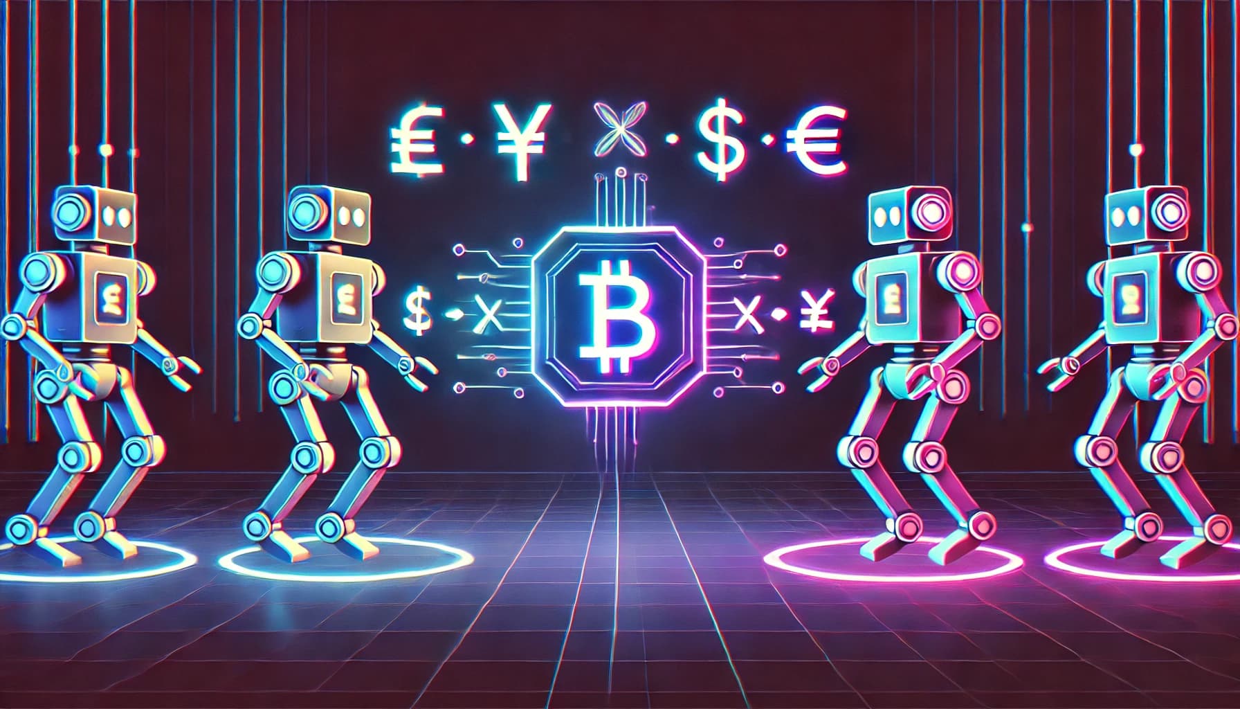robots sending money to each other in a neon-colored, minimalistic design