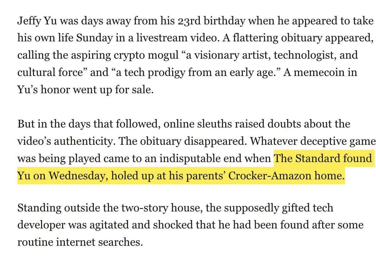 Zerebro Co-Founder Jeffy Yu Found Alive After Faked Death, $LLJEFFY Crashes 86.8% Post-Surge