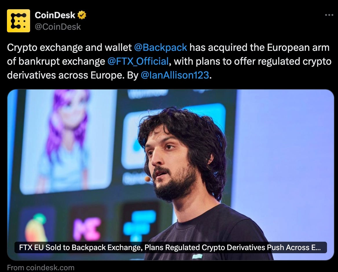 Backpack Exchange Acquires FTX EU for $32.7 Million, Plans Regulated Crypto Derivatives in Europe by Q1 2025