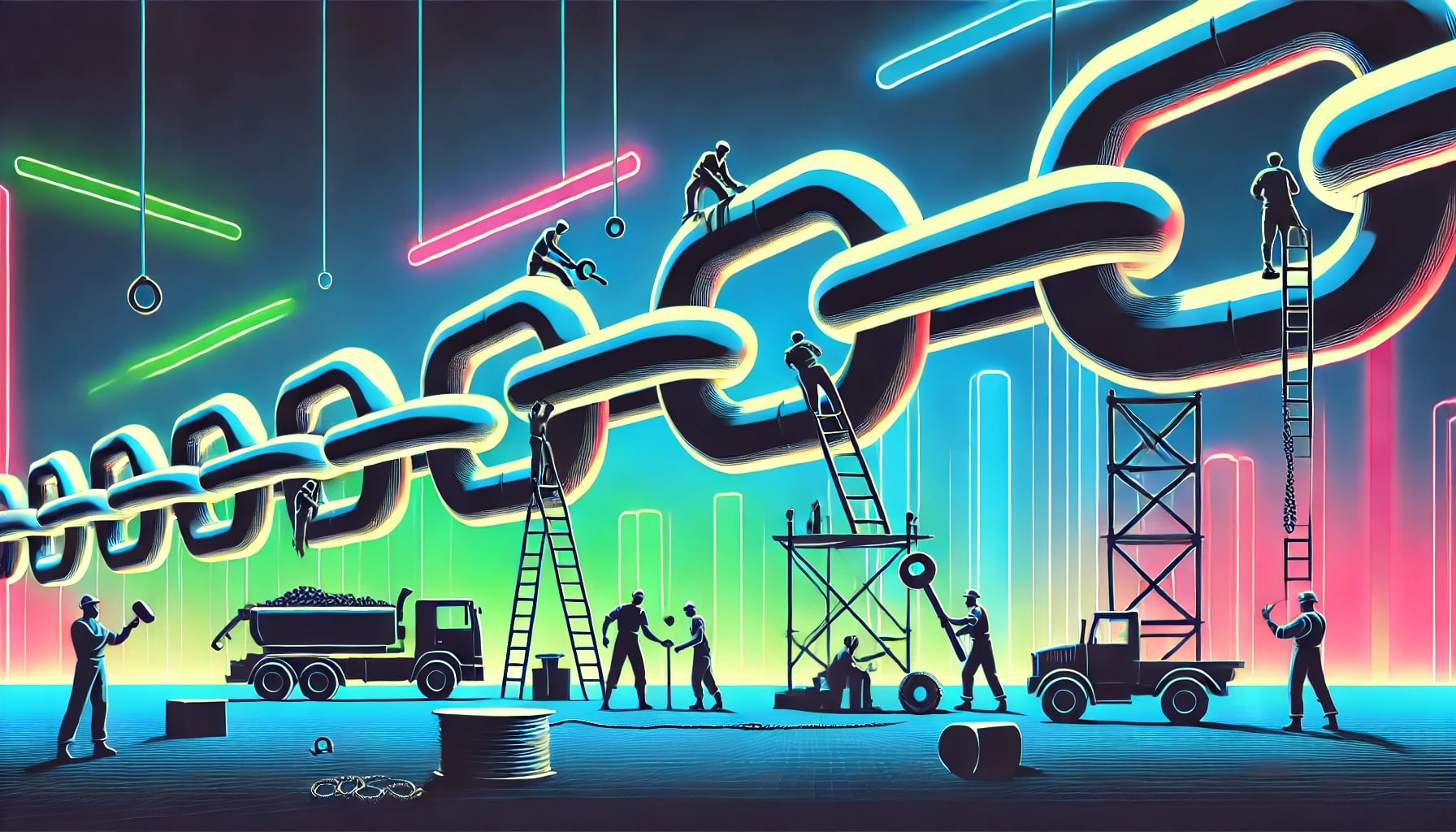 construction workers fixing and patching up a giant chain in a minimalistic style with neon colors.