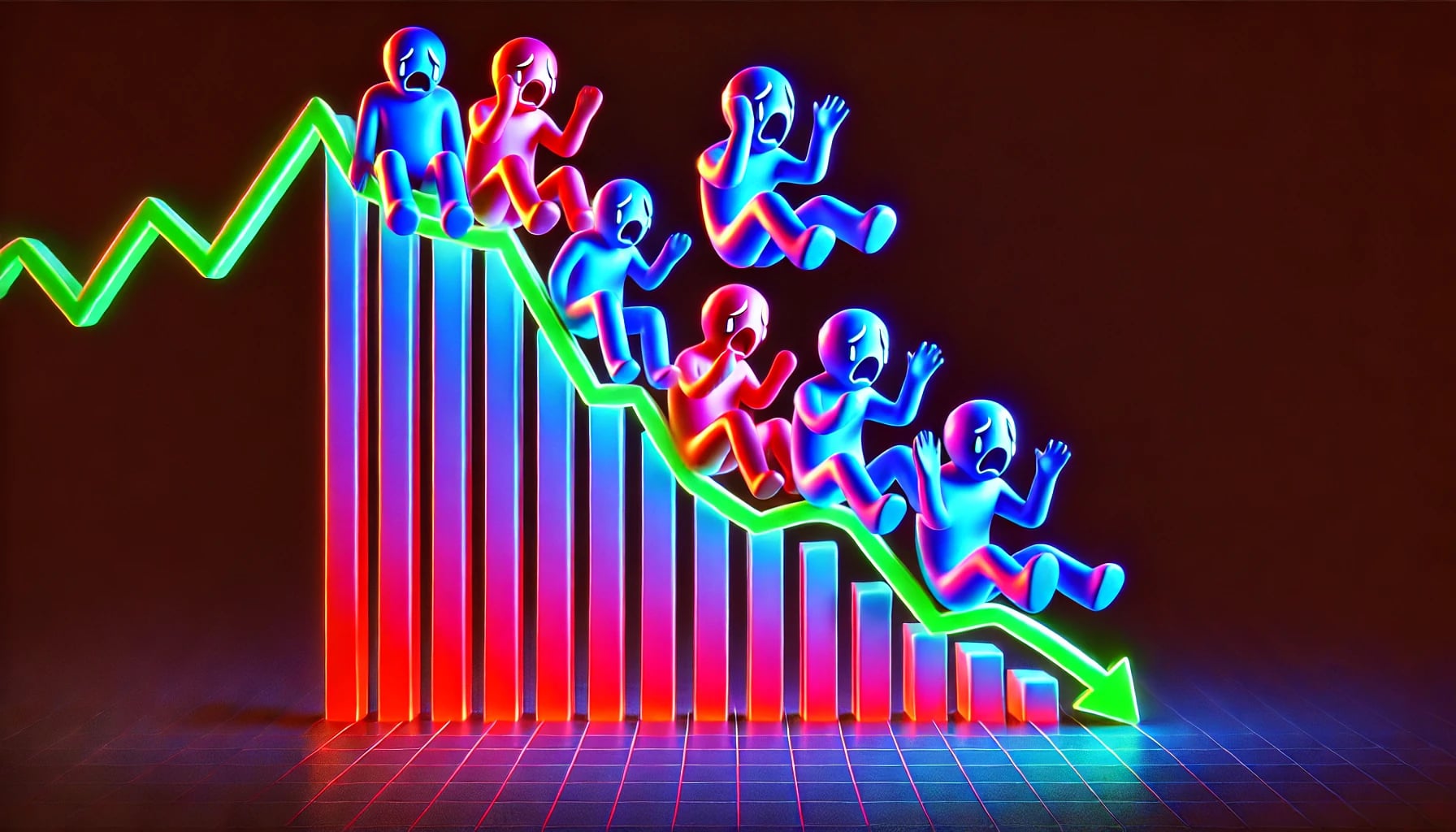 sad investors atop a downtrending chart