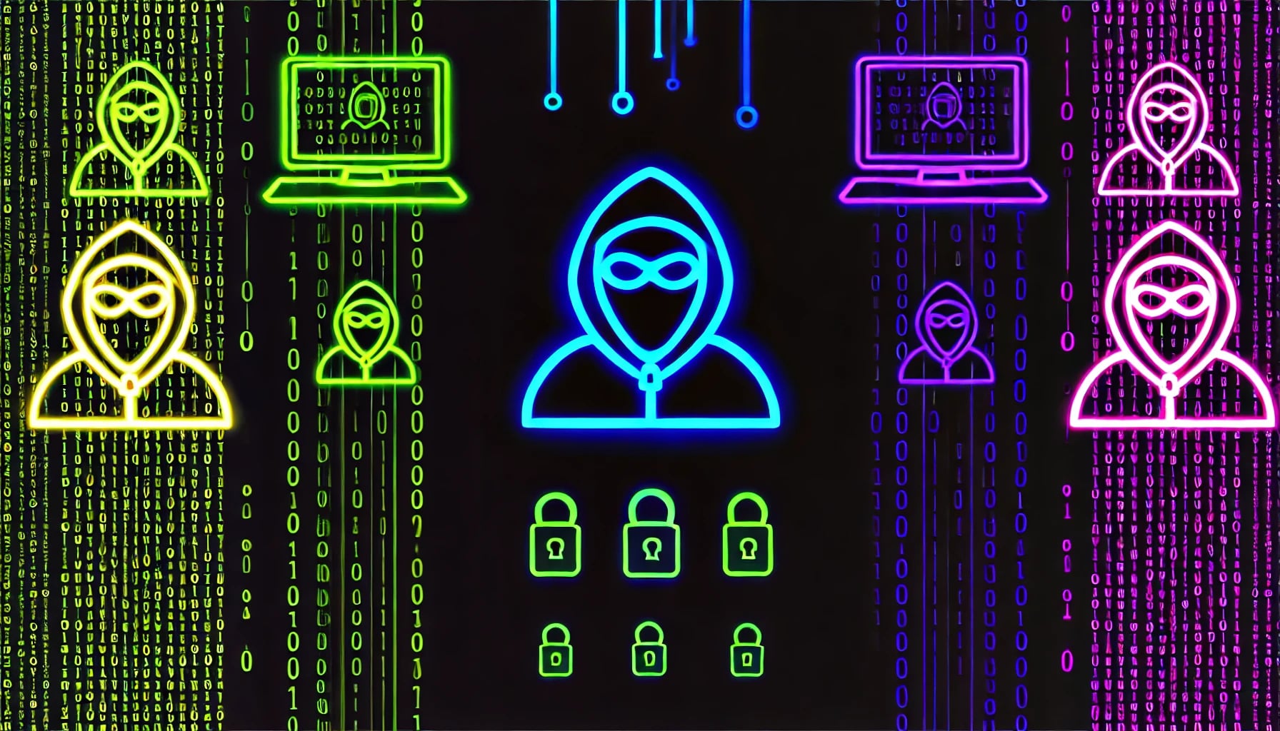 symbols with hooded figures, computer screens, and binary codes