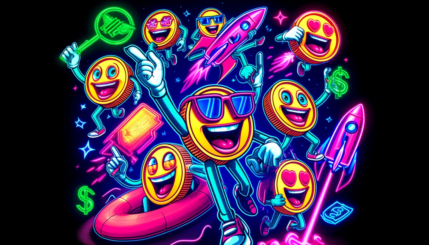 cartoon-like memecoins with exaggerated expressions