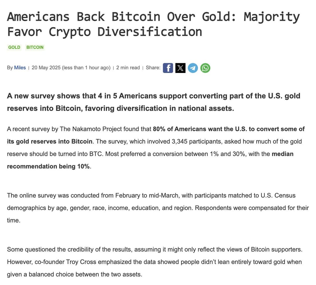 80% of Americans Support 10% Conversion of U.S. Gold Reserves to Bitcoin, Driven by Younger Demographics