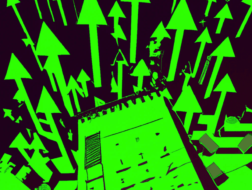 Green and black image of arrows pointing up and calendar pages 
