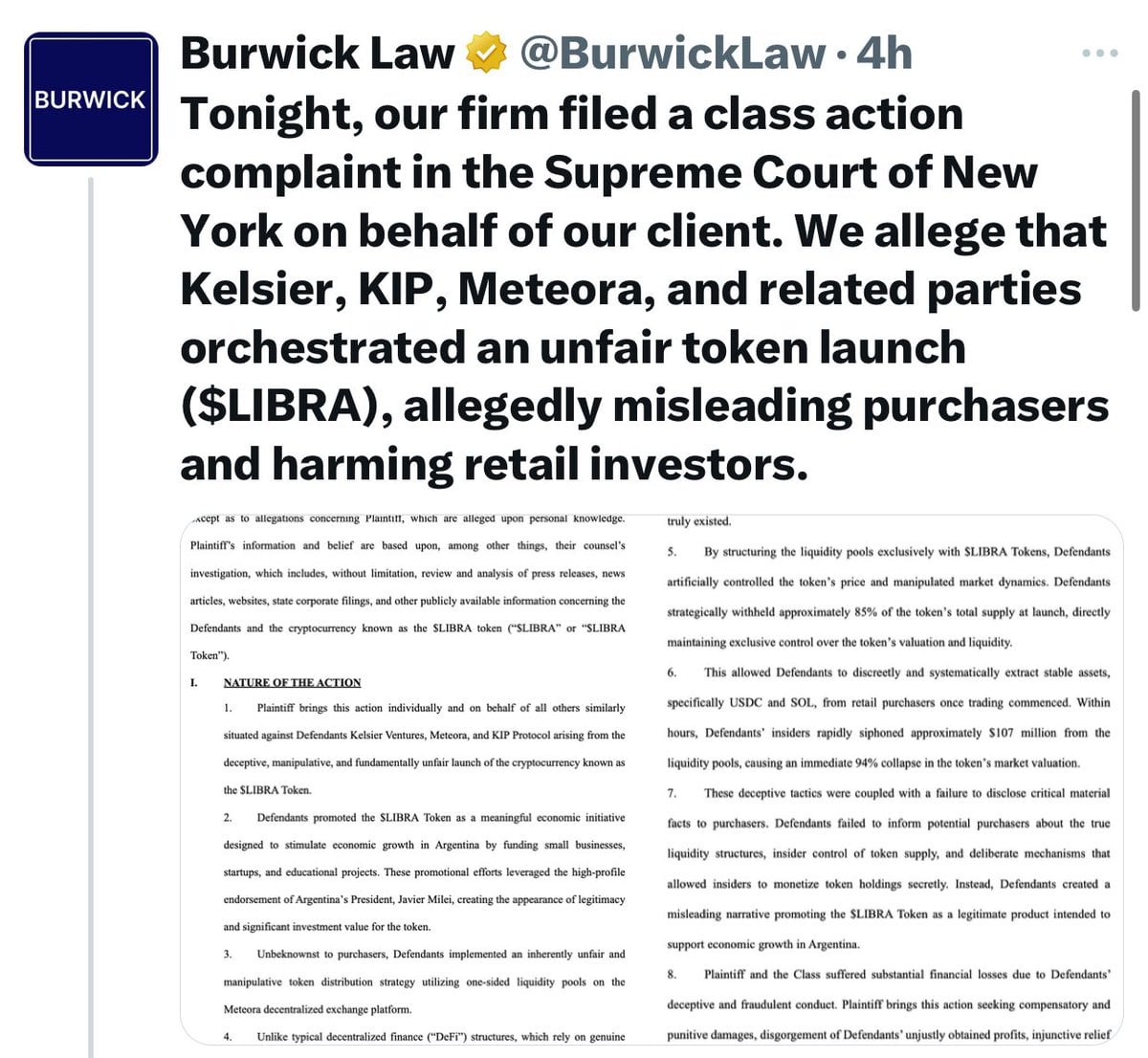 Burwick Law Sues $LIBRA Token Launch Parties Over $100M Fraud Affecting 44,000, Citing Javier Milei's Involvement