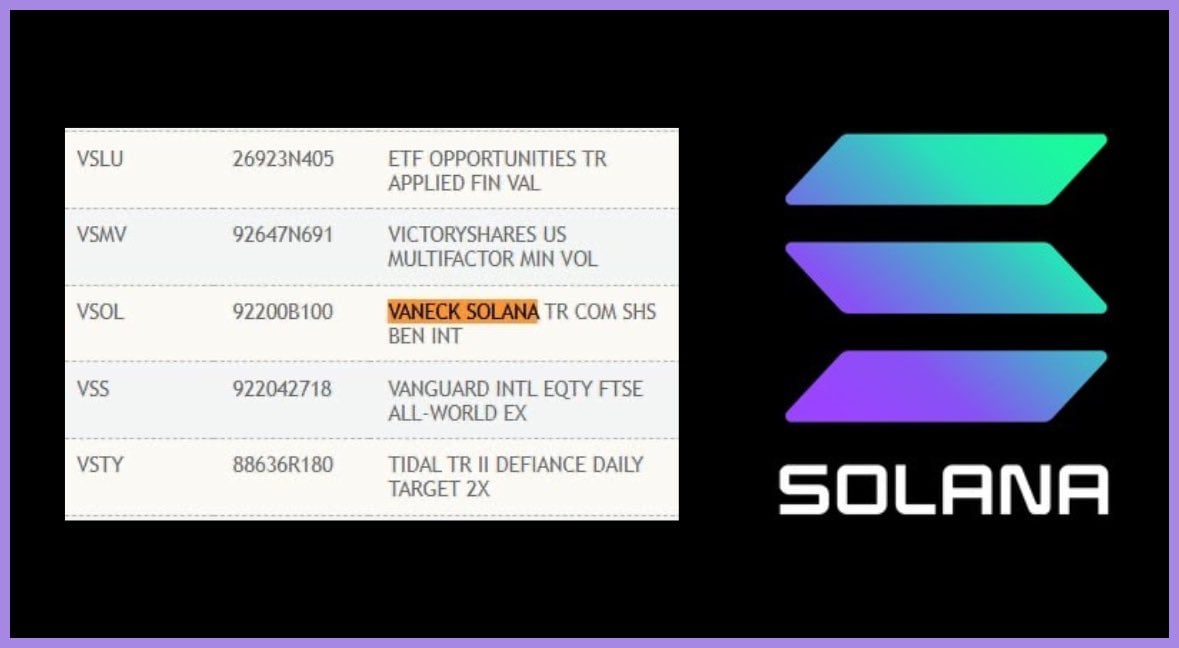 VanEck’s Spot Solana ETF Appears on DTCC List as VSOL, Still Awaits SEC Approval