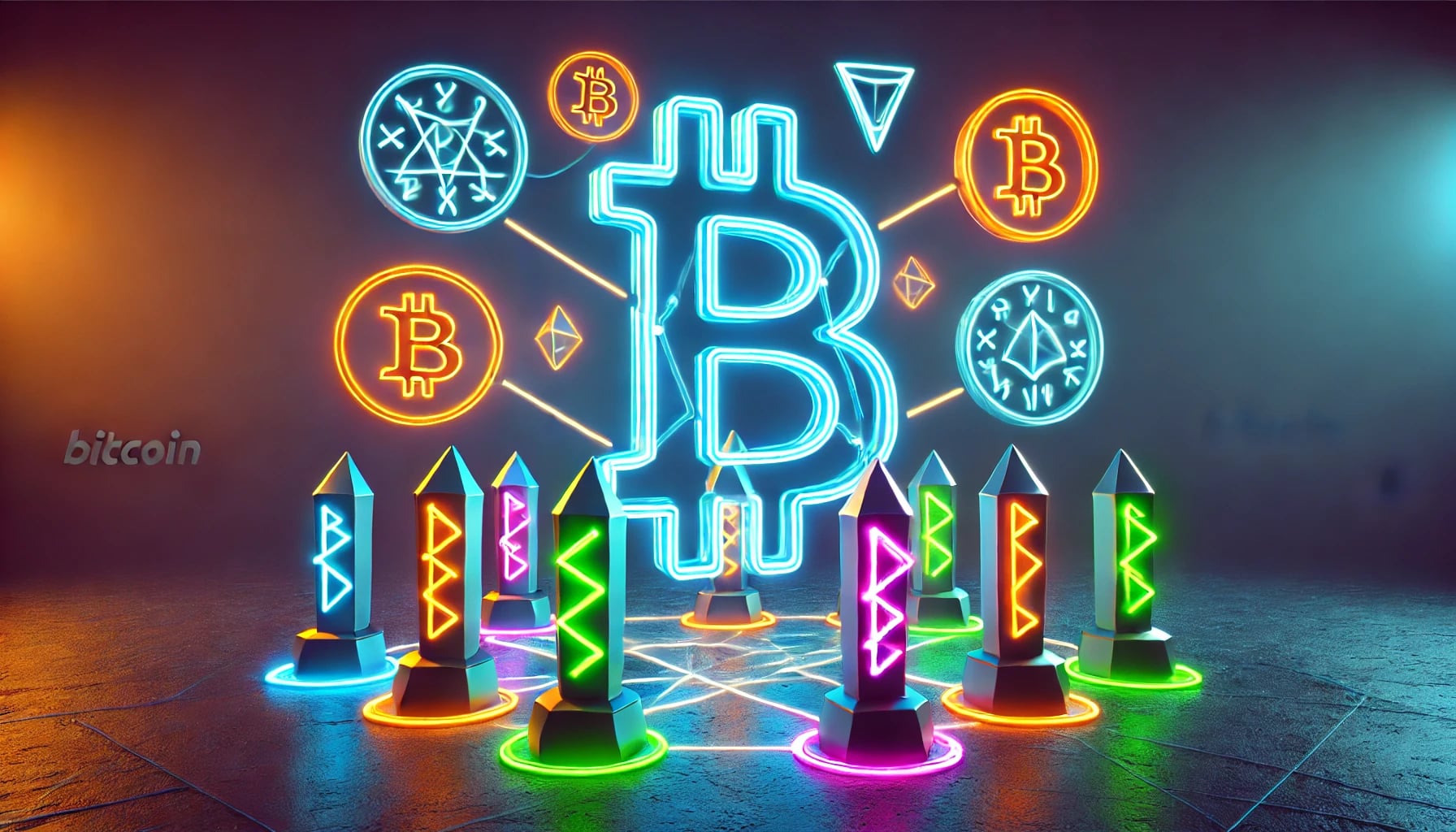 bitcoin symbol surrounded by runestones